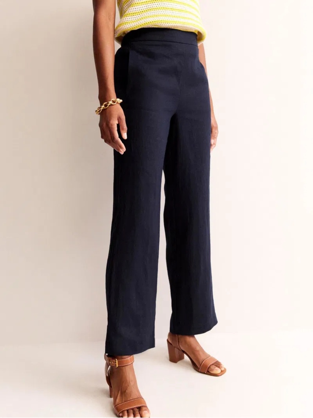 Boden Hampstead Navy Linen Straight Cut Elastic Waist Pants